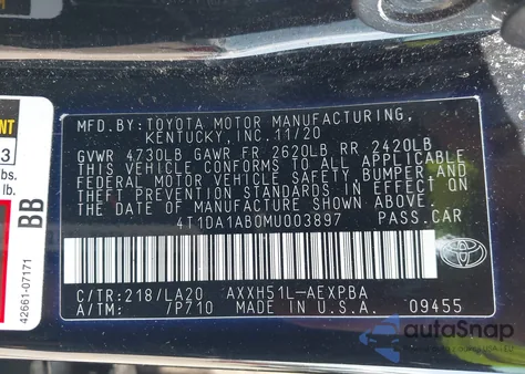 2021 Toyota Avalon Limited Hybrid from USA, damaged, VIN 4T1DA1AB0MU003897